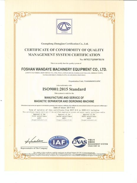 China Foshan Wandaye Machinery Equipment Co.,Ltd Certification